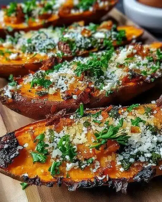Crispy Garlic Parmesan Sweet Potato Wedges on a plate garnished with herbs.