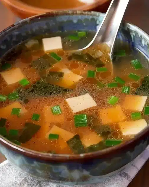 Bowl of gluten-free miso soup with vegetables and tofu, rich in flavor.