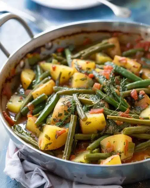 Delicious Greek green beans with potatoes in a bowl ready to serve