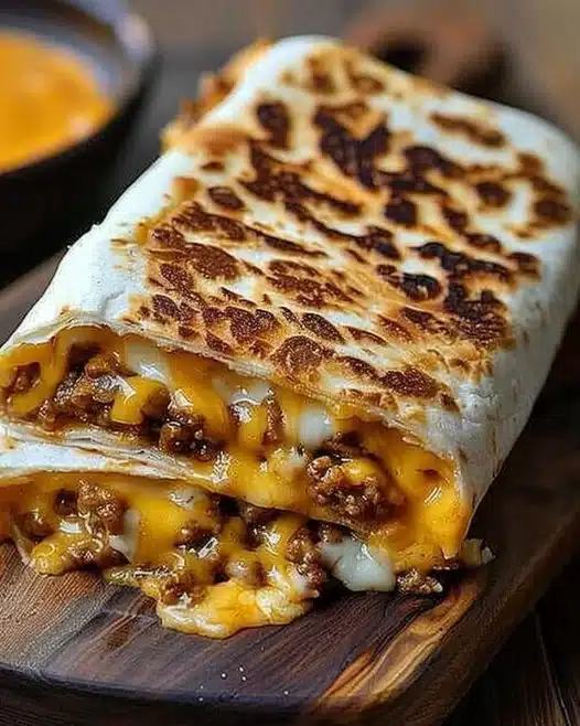 Delicious grilled cheese burrito with melted cheese and savory fillings wrapped in a tortilla.