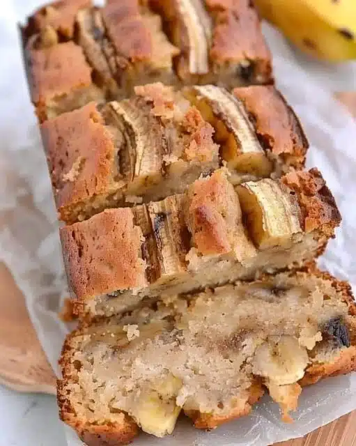 Guilt-free banana bread cake slice on a wooden table
