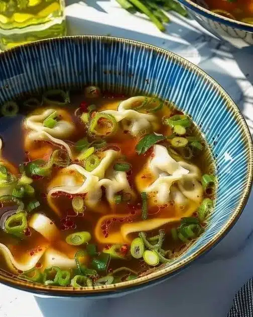 Delicious bowl of Gyoza Soup with dumplings and fresh herbs