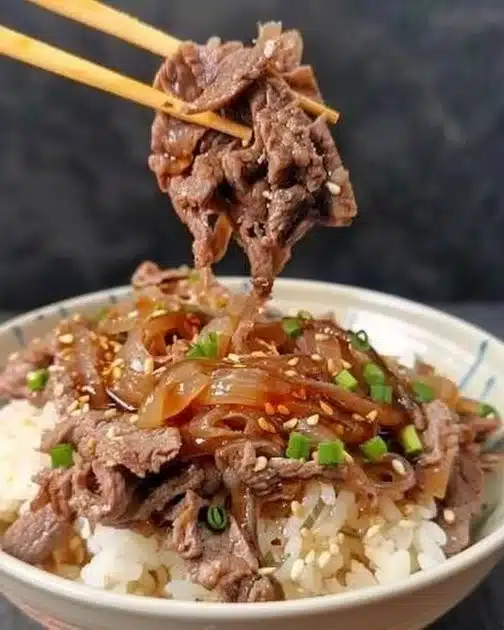 Delicious gyudon beef rice bowl garnished with green onions and sesame seeds.