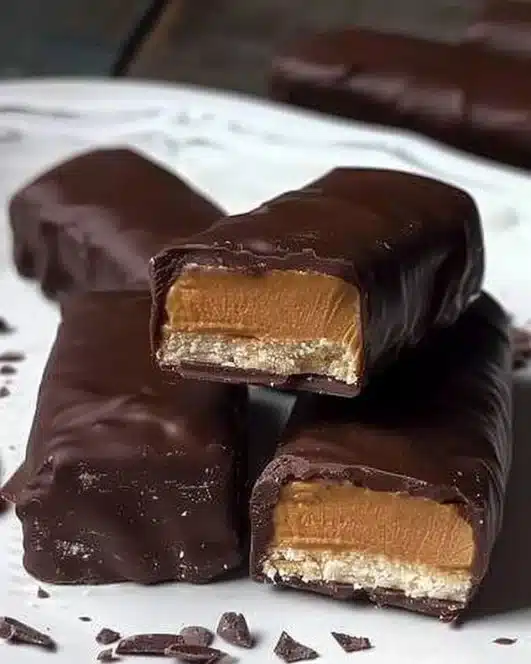 Homemade gluten-free Twix bars on a plate, healthier dessert option.