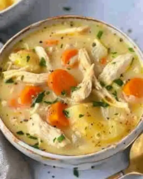 Healthy Chicken Pot Pie Soup garnished with fresh herbs in a bowl