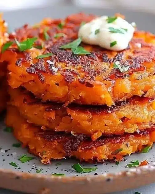 Healthy sweet potato hash browns served on a plate with herbs and spices