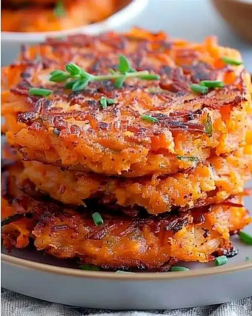 Healthy sweet potato hash browns served on a plate with fresh garnishes