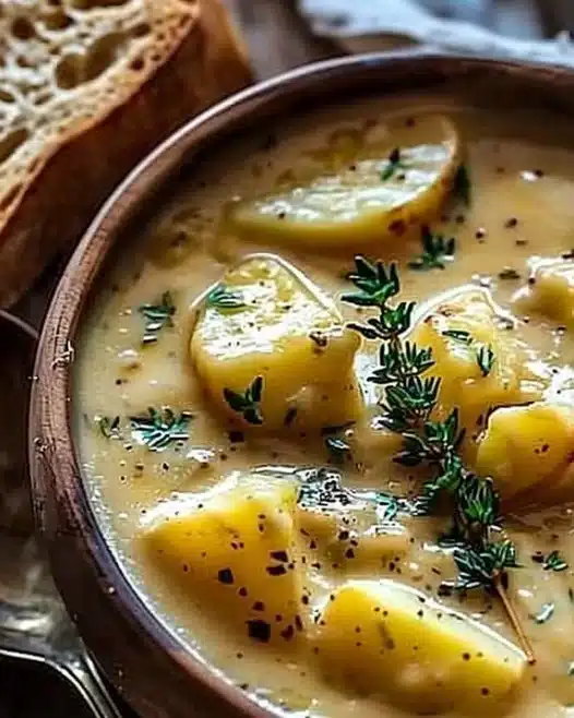 Bowl of hearty cheddar garlic herb potato soup topped with fresh herbs