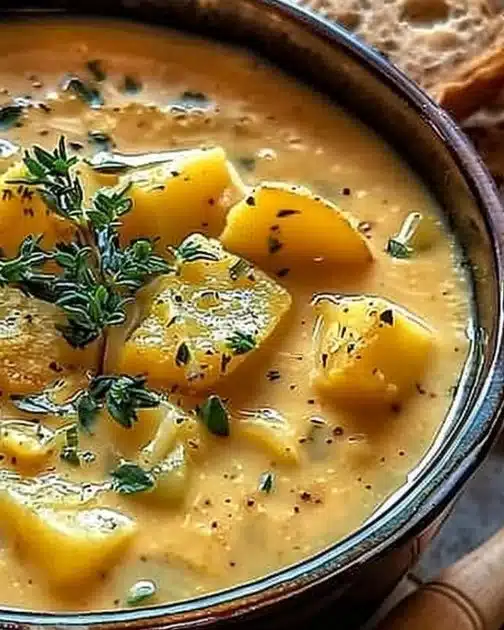 Bowl of hearty cheddar garlic herb potato soup topped with herbs