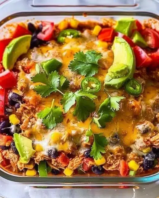 High-protein chicken enchilada bowls with cottage cheese, topped with fresh ingredients