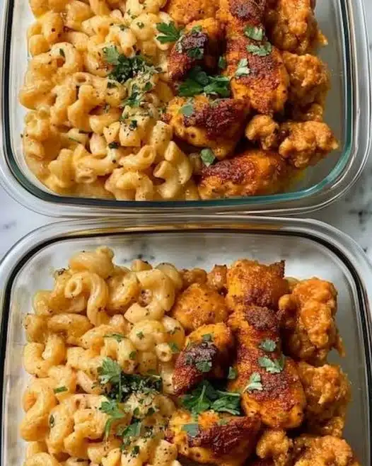 High-protein honey garlic butter chicken with mac and cheese