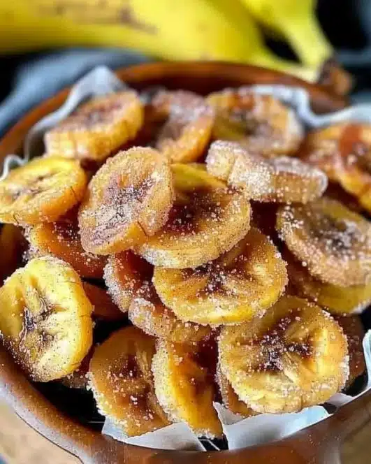 Homemade baked banana chips displayed on a wooden table