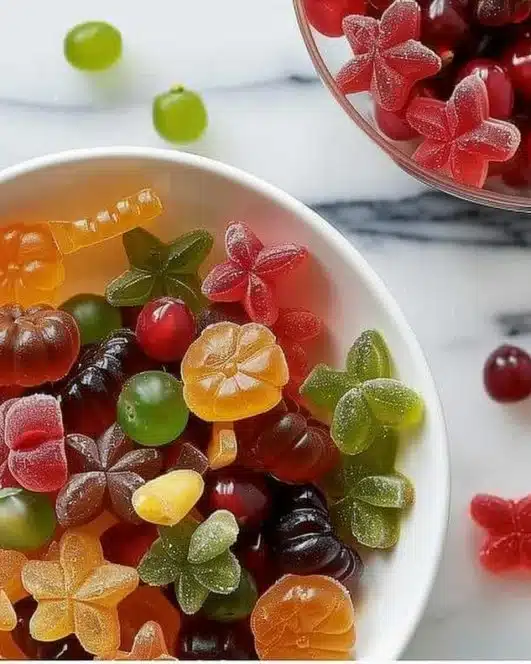 A bowl of colorful homemade fruit snacks made from fresh ingredients.