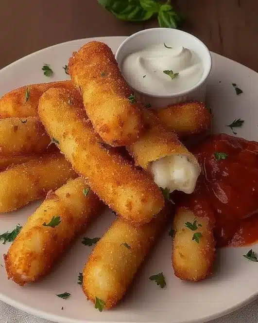 Homemade mozzarella sticks served with marinara sauce
