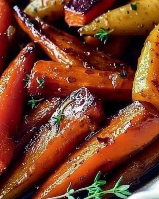 Plate of honey balsamic roasted carrots garnished with herbs and spices.
