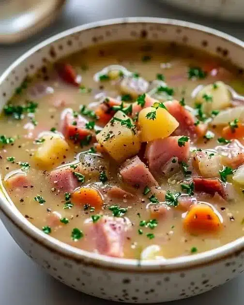 Bowl of hot ham soup, garnished with herbs and served with crusty bread.
