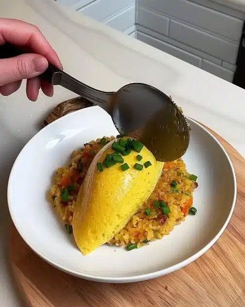 Delicious Japanese Omurice with fluffy omelette and fried rice