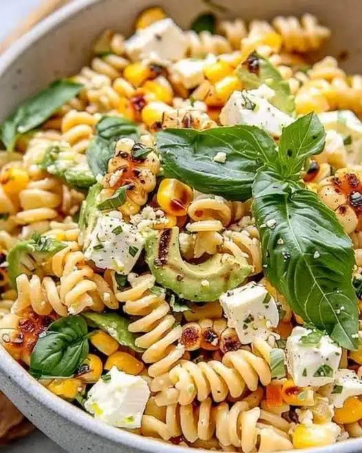 Juicy street corn pasta salad with vibrant ingredients and flavors.