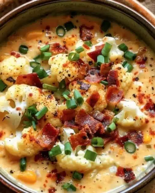 Keto Loaded Cauliflower Soup in a white bowl garnished with green onions and crispy bacon