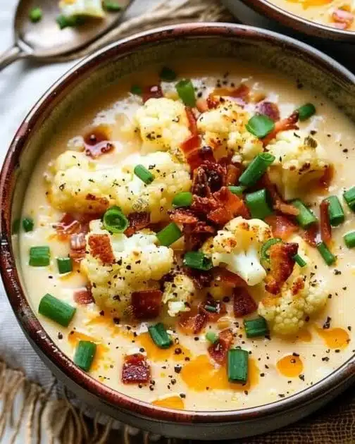 Delicious Keto Loaded Cauliflower Soup topped with cheese and herbs