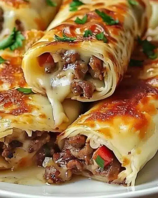 Keto Philly Cheesesteak Roll Ups on a plate with cheese and peppers