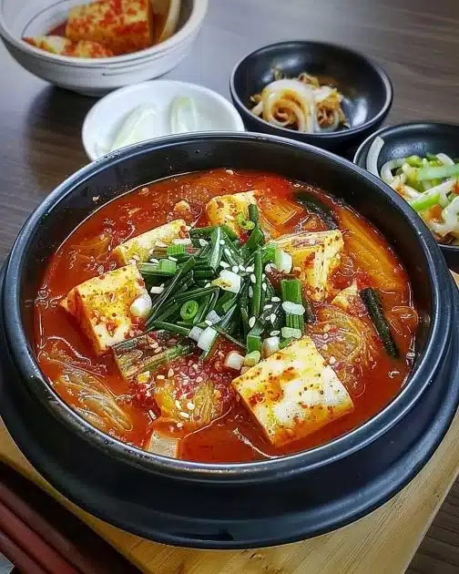 Delicious bowl of kimchi stew with vegetables and tofu