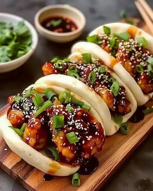 Korean chicken bao buns served on a plate with fresh vegetables