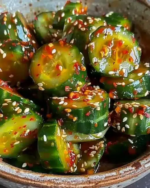 Bowl of Korean cucumber salad (Oi Muchim) garnished with sesame seeds and herbs.