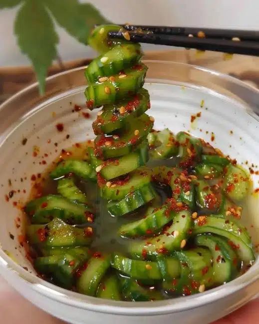 Korean-inspired spiral cucumber salad served in a bowl with vibrant vegetables.