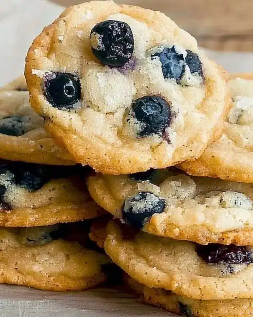 Freshly baked lemon blueberry cookies on a cooling rack