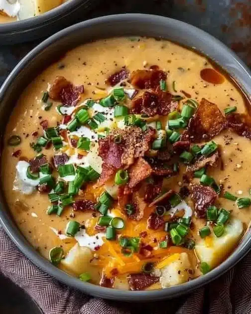Bowl of creamy loaded baked potato soup topped with cheese and bacon