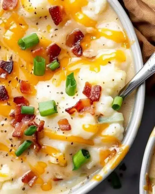 Delicious loaded baked potato soup topped with cheese, bacon, and green onions