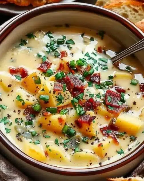 Delicious bowl of loaded potato soup topped with cheese, bacon, and green onions