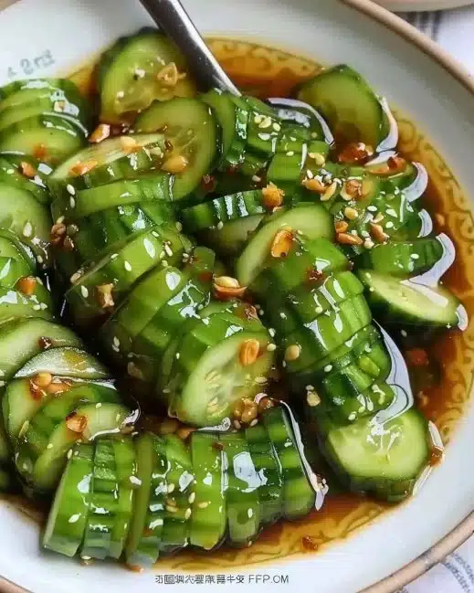 Delicious marinated cucumber salad served in a bowl with fresh herbs