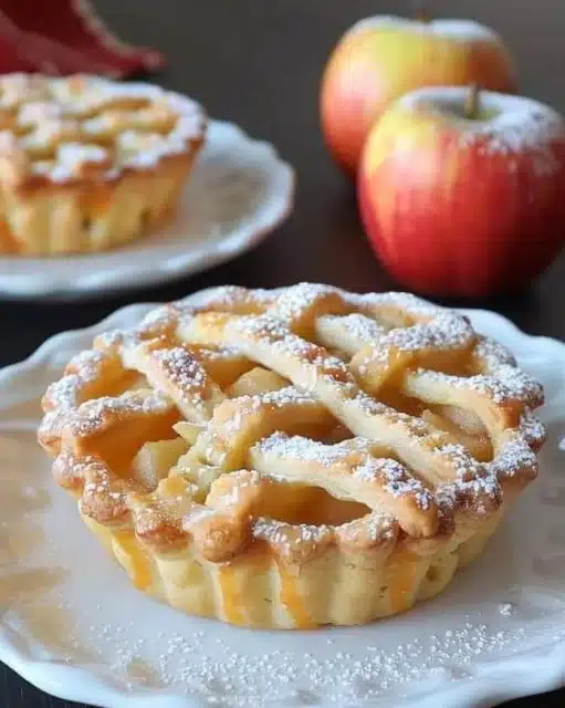 Delicious mini apple pies topped with vanilla cream on a rustic wooden table.