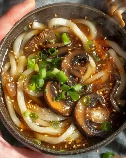 Bowl of miso udon noodle soup topped with teriyaki mushrooms