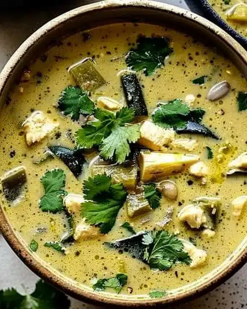 Mouthwatering roasted poblano soup served in a bowl with garnishes.