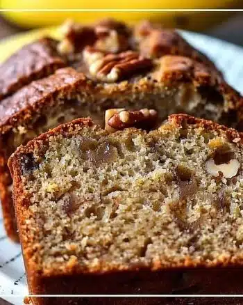 Sliced banana nut bread showcasing nuts and ripe bananas in a baked loaf.