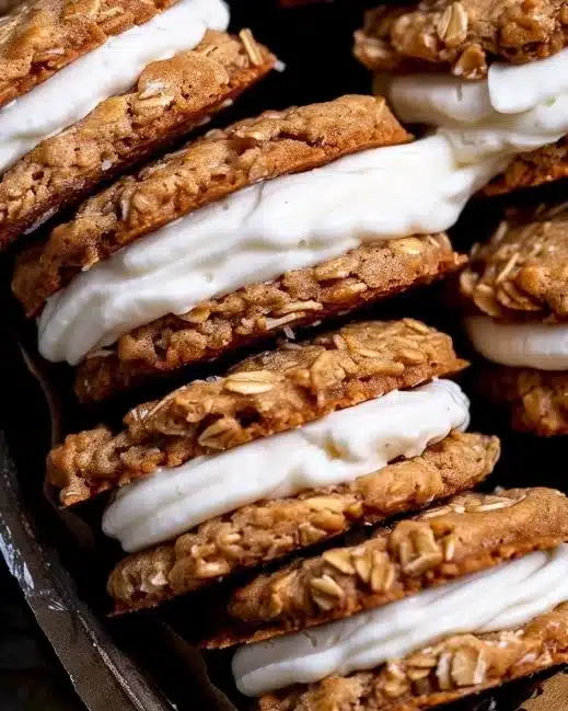 Delicious homemade Oatmeal Cream Pies with creamy filling between soft oatmeal cookies.