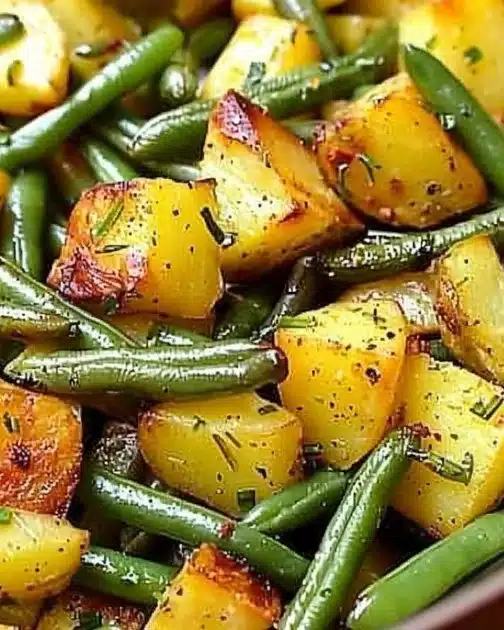 Plate of oven-roasted potatoes and green beans seasoned and ready to serve.