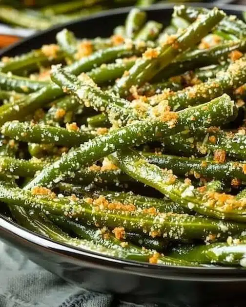 Bowl of Parmesan roasted green beans with seasoning and cheese