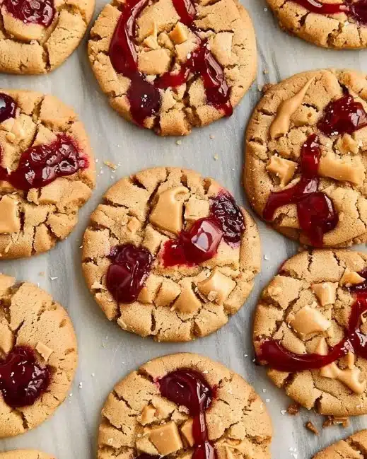 Peanut Butter and Jelly Cookies on a plate with a glass of milk