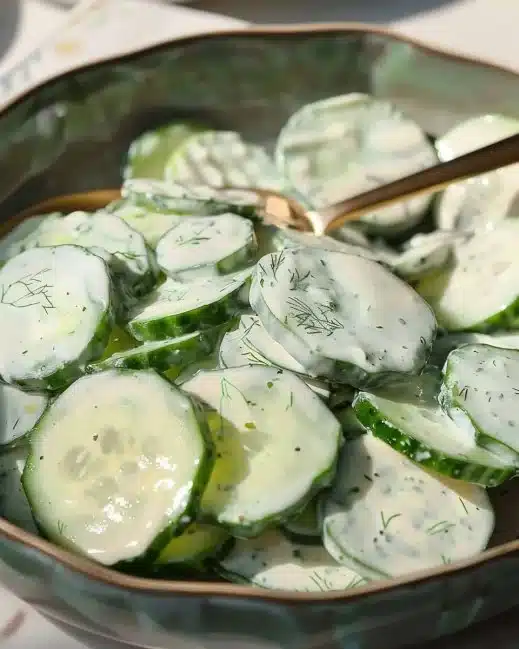 Delicious Polish cucumber salad served in a bowl, garnished with fresh herbs.