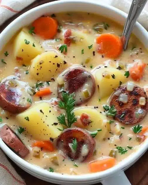 Bowl of delicious Polish Potato Soup garnished with herbs
