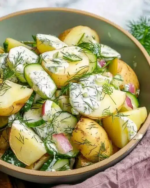 Potato and Cucumber Salad with Creamy Dill Dressing served in a bowl