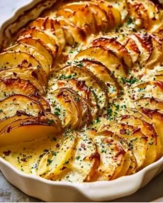 Delicious homemade Potato Gratin Casserole served in a baking dish