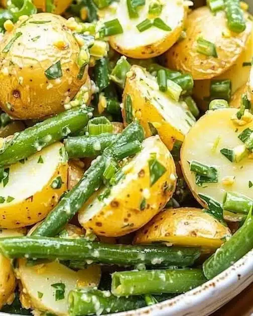 Delicious and colorful potato salad served in a bowl