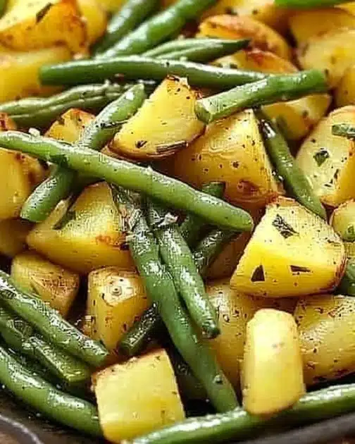 A plate of cooked potatoes and green beans, a healthy meal option.