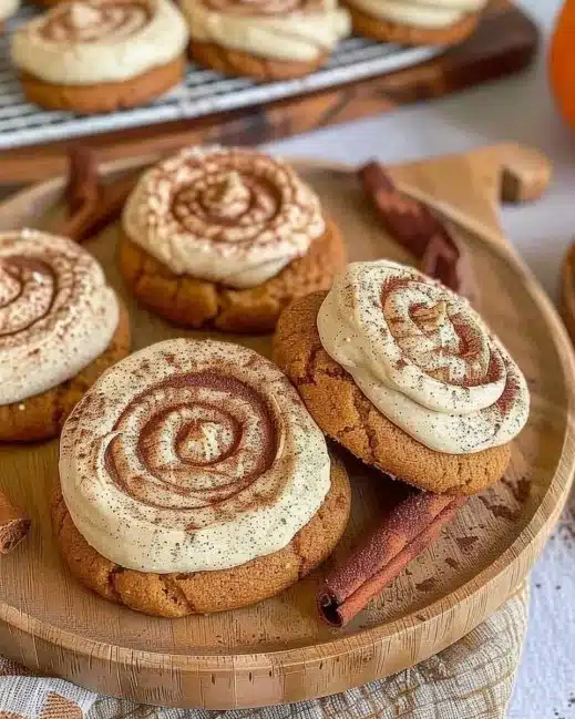 Delicious pumpkin cookies with cinnamon frosting on a plate