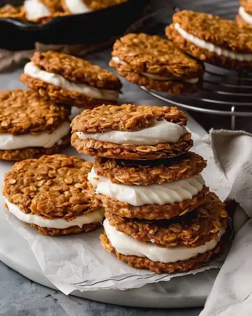 Pumpkin Oatmeal Cream Pies with creamy filling between soft cookies